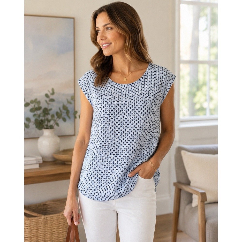 Joie 100% Silk Blue Geometric Print Cap Sleeve Blouse Top Womens S Relaxed